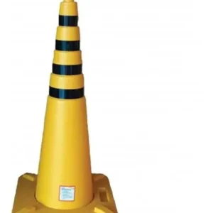 Cono AMARILLO de 70 cm, BASE RECARGABLE cuadrada de 33 x 33 cm, con 4 Dras negras de 3 cm
